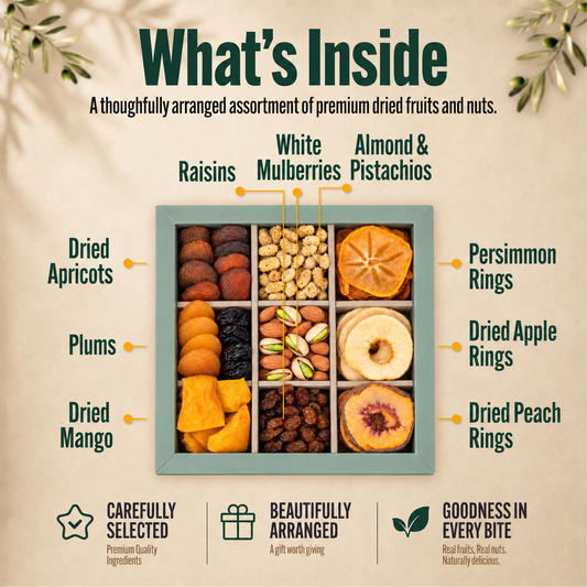 What's inside the Guru Hunu gift box: dried apricots, plums, mango, raisins, white mulberries, almonds, pistachios, persimmon, apple and peach