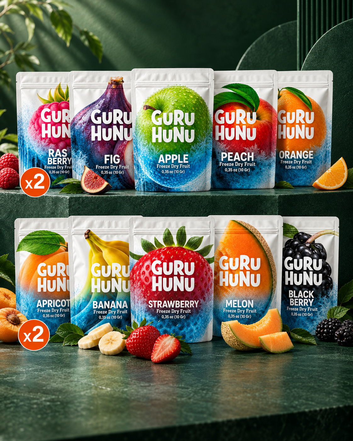 Guru Hunu Freeze Dried Fruit Mix 12 Pack — green studio setting