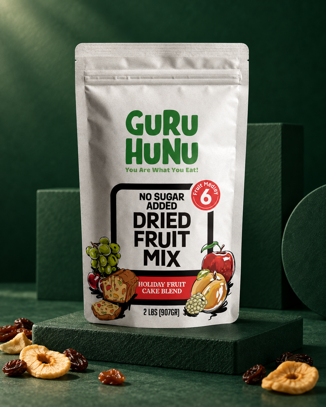 Guru Hunu dried fruit mix — green studio setting