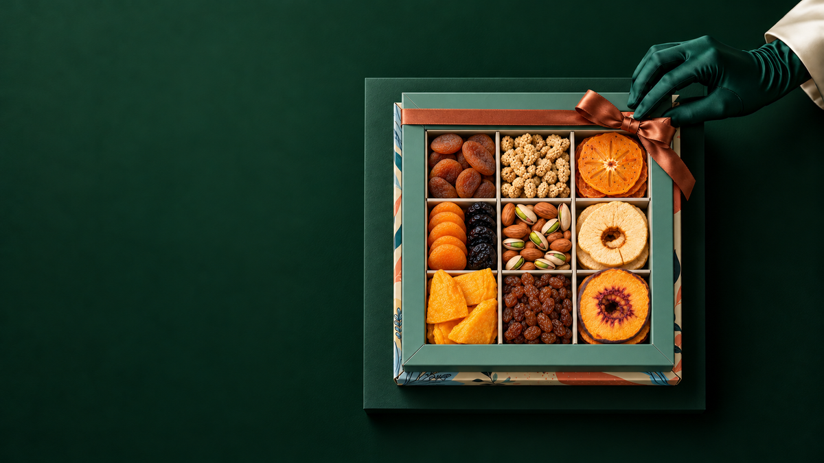 Guru Hunu dried fruit and nut gift box with copper ribbon on a forest green background