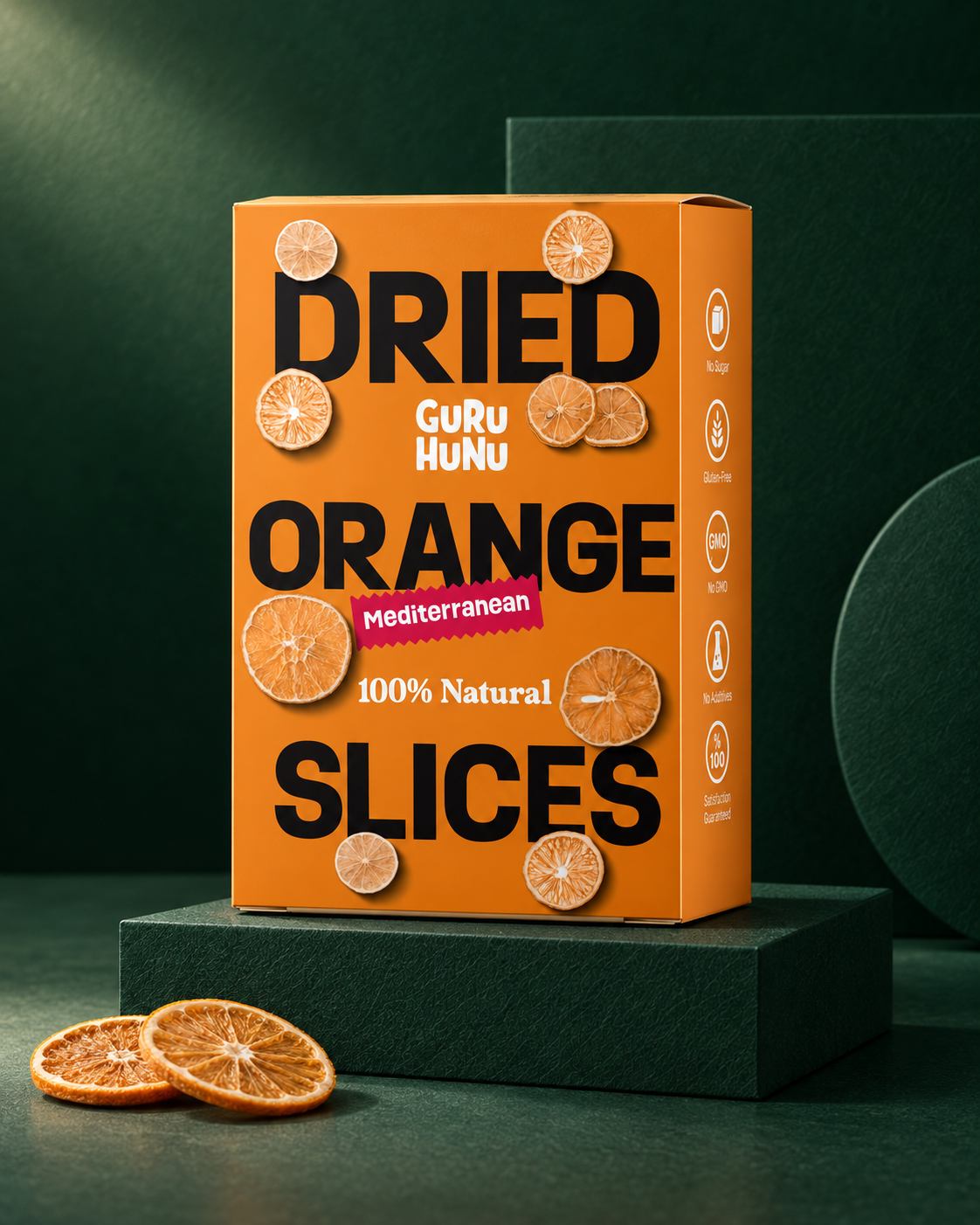 Guru Hunu dried orange slices — green studio setting